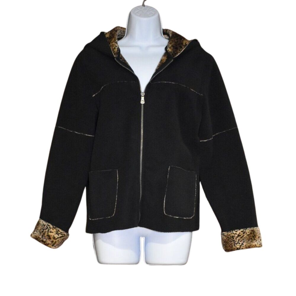 BC Clothing Petite Black Jacket Large Leopard Lined Cozy Zip Up